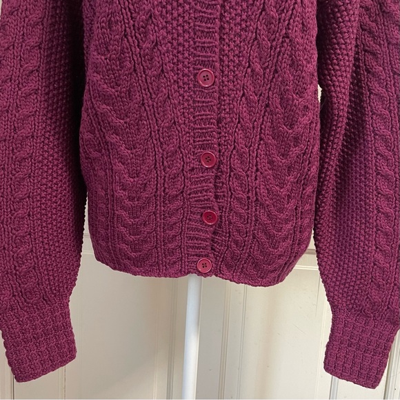 Vintage Hand Knit 100% Wool Cableknit Fisherman Cardigan Sweater Medium Purple - Picture 8 of 12